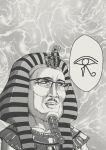  1boy commentary e_(meme) egyptian_mythology english_commentary facial_hair glasses greyscale highres male_focus markiplier meme monochrome mustache open_mouth portrait real_life solo speech_bubble spoken_symbol tyrone 