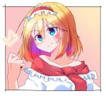  1girl alice_margatroid blonde_hair blue_eyes blush capelet clenched_hand closed_mouth dondyuruma frilled_hairband frills hairband lolita_hairband medium_hair red_hairband smile solo sweatdrop touhou white_capelet 