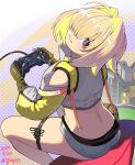  :3 bfg_9000 black_sports_bra blonde_hair breasts butt_crack clothing_cutout controller crop_top crop_top_overhang cropped_sweater elegg_(nikke) exposed_pocket fang fanny_pack fingerless_gloves game_controller gloves goddess_of_victory:_nikke grey_shorts hair_intakes hair_over_eyes highres holding holding_controller holding_game_controller large_breasts looking_back multicolored_clothes multicolored_gloves multicolored_hair playing_games polka_dot polka_dot_background projected_inset purple_eyes shorts shoulder_cutout sitting sports_bra suspender_shorts suspenders syope thigh_strap two-tone_hair 