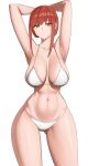  1girl alternate_costume arms_up ass_visible_through_thighs bikini breasts chainsaw_man highres large_breasts looking_at_viewer makima_(chainsaw_man) navel red_hair ringed_eyes senju_(snz0) simple_background solo swimsuit white_background white_bikini yellow_eyes 