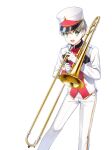  1boy :d band_uniform brown_hair buttons closers collared_jacket double-breasted feet_out_of_frame gloves green_eyes hand_up hat high_collar highres holding holding_instrument holding_trombone instrument jacket leaning_forward legs_apart long_sleeves looking_at_viewer looking_to_the_side male_focus marching_band mistilteinn_(closers) official_art pants shako_cap short_hair single_vertical_stripe smile solo standing teeth trombone uniform upper_teeth_only white_background white_gloves white_headwear white_jacket white_pants 