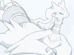 2024 absurd_res ambiguous_gender ashuperu blue_eyes chest_tuft claws digital_drawing_(artwork) digital_media_(artwork) dragon facial_tuft fangs feral fur generation_5_pokemon hi_res legendary_pokemon looking_at_viewer lying mythological_creature mythological_scalie mythology nintendo on_front pokemon pokemon_(species) raised_tail reshiram scalie simple_background solo tail teeth thick_thighs tuft white_body white_fur