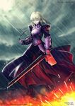  absurdres aiovia armor armored_dress artoria_pendragon_(all) blonde_hair dark_excalibur dress fate/stay_night fate_(series) hair_down hair_ribbon highres long_hair ribbon saber_alter solo sword weapon yellow_eyes 