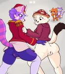 absurd_res ailurid anthro anus aroused background_character blush clothed clothing erection female female/female group gun headgear headwear hi_res konen legwear male mammal marching_band_uniform mustelid musteline no_underwear pixile_studios pussy_sweat raised_tail ranged_weapon red_panda simple_background skullcat_(sar) spread_anus spread_legs spreading stoat super_animal_royale tadashox tail take_your_pick thigh_highs true_musteline weapon weasel