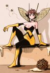  1girl absurdres avengers_(series) bee bee_wings black_eyes blush breasts brown_hair bug cleavage commission gloves hansoom_(latebirdwakeup) highres honeycomb_(object) insect_wings marvel sitting smile solo superhero wasp_(marvel) wings yellow_gloves 