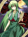  ex-keine green_hair highres horn_ribbon horns kamishirasawa_keine long_hair moon naba_(take_tonbo) red_eyes ribbon scroll solo touhou very_long_hair 