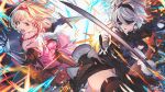  2b_(nier:automata) 2girls black_blindfold black_dress black_gloves black_hairband black_thighhighs blindfold blonde_hair boots breasts brown_eyes cleavage clothing_cutout commentary_request covered_eyes crossover djeeta_(granblue_fantasy) dress feather-trimmed_sleeves fighting_stance gauntlets gloves granblue_fantasy granblue_fantasy_versus:_rising hairband highres holding holding_sword holding_weapon juliet_sleeves long_sleeves medium_breasts minaba_hideo mole mole_under_mouth multiple_girls nier:automata nier_(series) official_art open_mouth parted_lips pink_dress pink_hairband puffy_sleeves short_hair sword thighhighs thighhighs_under_boots virtuous_contract weapon white_hair 