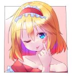  1girl :p alice_margatroid bare_shoulders blonde_hair blue_eyes blush dondyuruma frilled_hairband frills hairband lolita_hairband looking_at_viewer medium_hair off_shoulder one_eye_closed red_hairband solo tongue tongue_out touhou 