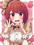  1girl absurdres alternate_costume arima_kana beret blunt_bangs blush bob_cut border brown_headwear brown_shirt center_frills commentary_request embarrassed fangs frilled_wrist_cuffs frills hands_up hat hat_ribbon heart heart_hands heart_in_eye highres inverted_bob looking_at_viewer meiji_(meizi493) mini_hat open_mouth oshi_no_ko pink_background plaid_headwear polka_dot polka_dot_background puffy_short_sleeves puffy_sleeves red_eyes red_hair ribbon shirt short_hair short_sleeves simple_background solo sweatdrop symbol_in_eye teeth upper_body upper_teeth_only wavy_mouth white_border white_shirt wrist_cuffs 