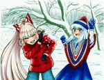  2girls absurdres alternate_costume beanie blue_hair blush bow denim dress fujiwara_no_mokou gloves hair_bow hat highres jacket jazonyan jeans kamishirasawa_keine long_hair multiple_girls open_mouth outdoors pants ponytail red_jacket shawl smile snow snowball snowball_fight touhou tree white_hair 