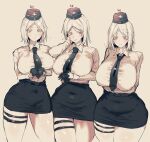  3girls age_progression akitaka_takaaki alternate_breast_size alternate_costume black_necktie black_skirt blonde_hair blush breasts colored_eyelashes garrison_cap german_clothes girls&#039;_frontline gloves half_gloves hat highres historical_connection huge_breasts looking_at_viewer military_hat mp40_(girls&#039;_frontline) multiple_girls necktie red_eyes simple_background skirt thigh_strap uniform white_background 