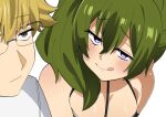 1boy 1girl :&gt; :q :| arm_strap blonde_hair blush breasts brown_eyes closed_mouth commentary_request glasses green_hair half-closed_eyes highres jitome land_(sousou_no_frieren) large_breasts licking_lips looking_at_another purple_eyes sakura_1110ssmm sousou_no_frieren tongue tongue_out ubel_(sousou_no_frieren) 
