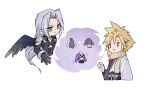  2boys armor belt black_coat black_gloves black_sash black_wings blonde_hair blue_eyes chest_strap chibi cloud_strife cloud_strife_(official_festive_garb) coat commentary copyright_name cropped_torso earrings evil_smile feathered_wings final_fantasy final_fantasy_vii final_fantasy_vii_ever_crisis gloves green_eyes grey_hair hand_up high_collar japanese_clothes jewelry kimono long_hair long_sleeves male_focus maoli45222137 multiple_boys official_alternate_costume open_clothes open_coat open_mouth parted_bangs pauldrons red_tassel ribbon sash scarf sephiroth sephiroth_(celebratory_garb) short_hair shoulder_armor simple_background single_wing smile solo spiked_hair symbol-only_commentary tassel tassel_earrings upper_body white_background white_ribbon wings yellow_scarf 