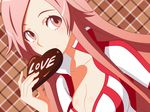  1girl artist_request blush breasts bust chocolate cleavage collarbone dragonaut dutch_angle female food heart highres holding long_hair looking_at_viewer pink_eyes pink_hair plaid plaid_background shadow smile solo toa uniform upper_body valentine wallpaper 