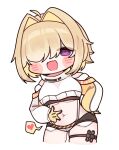  ahoge belly_grab black_sports_bra blonde_hair blush breasts chibi clothing_cutout crop_top crop_top_overhang cropped_sweater cutoffs elegg_(nikke) exposed_pocket fanny_pack gloves goddess_of_victory:_nikke grey_shorts hair_intakes hair_over_eyes hand_on_own_hip hand_on_own_stomach heart large_breasts multicolored_clothes multicolored_gloves multicolored_hair navel open_mouth projected_inset purple_eyes rosenyang short_hair shorts shoulder_cutout smile spoken_heart sports_bra suspender_shorts suspenders thigh_strap two-tone_hair underboob white_background 