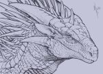 ambiguous_gender dragon feral head_spikes khyaber looking_at_viewer monochrome mouth_closed mythological_creature mythological_scalie mythology neck_spikes pupils scales scalie simple_background slit_pupils solo spikes spikes_(anatomy)