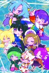  6+girls animal_ears aqua_eyes blonde_hair blue_background blue_hair brown_hair chibi dress fox_ears fox_girl fox_tail goutokuji_mike green_dress green_hair hand_fan hat high_ponytail highres himemushi_momoyo iizunamaru_megumu japanese_clothes kimono komakusa_sannyo kudamaki_tsukasa looking_at_viewer multicolored_clothes multicolored_hair multiple_girls purple_eyes purple_hair red_eyes red_kimono smile tail tamatsukuri_misumaru tasotasoyan00 tenkyuu_chimata tokin_hat touhou unconnected_marketeers yamashiro_takane 