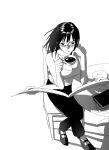  1girl book camisole chair cheouldu cup extra_arms floating_hair from_above glasses greyscale highres holding holding_cup holding_newspaper medium_hair monochrome newspaper nico_robin one_piece pants shoes simple_background solo table 