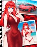  1girl blue_eyes breasts car cleavage cocktail_dress cowlick dress formal furious_7 go-toubun_no_hanayome hair_ornament imrinzlergtz_art large_breasts looking_at_viewer motor_vehicle nakano_itsuki red_dress red_hair solo sports_car star_(symbol) star_hair_ornament the_fast_and_the_furious v w_motors w_motors_lykan_hypersport 