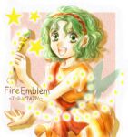  1girl :d bug butterfly copyright_name dress fire_emblem fire_emblem:_thracia_776 green_eyes green_hair hairband holding holding_staff looking_at_viewer lowres open_mouth orange_dress outstretched_arm red_hairband smile solo staff tina_(fire_emblem) usachu_now 