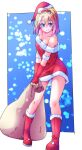  1girl alice_margatroid alternate_costume bag bare_shoulders blonde_hair blue_eyes blush closed_mouth dondyuruma dragging frilled_hairband frills hairband hat holding holding_bag lolita_hairband looking_at_viewer medium_hair red_footwear red_hairband santa_costume santa_hat smile solo touhou 