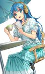  :d beach_umbrella blouse blue_eyes blue_hair book chair cup dress feet_out_of_frame headphones hisho_collection komase_(jkp423) long_dress long_hair open_book open_mouth parasol reading sitting smile solo teacup umbrella 