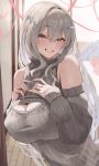  1girl bare_shoulders blue_eyes blush breasts cleavage commentary detached_sleeves grey_hair grey_sweater hair_between_eyes hair_intakes hair_ornament hand_on_own_chest heart heart_hair_ornament highres large_breasts long_hair long_sleeves oreazu original pointy_ears puffy_long_sleeves puffy_sleeves ribbed_sweater sleeveless sleeveless_turtleneck smile solo sweater symbol-only_commentary turtleneck upper_body x_hair_ornament 