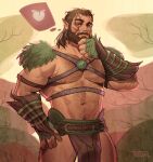  1boy abs absurdres alternate_facial_hair baldur&#039;s_gate baldur&#039;s_gate_3 bara beard brown_hair bulge connected_beard cowboy_shot dark-skinned_male dark_skin dungeons_and_dragons elf facial_hair full_beard hairy halsin hand_on_own_chin helbai highres large_pectorals male_focus mature_male medium_hair muscular muscular_male navel navel_hair nipples paid_reward_available peach_emoji pectorals pelvic_curtain pointy_ears revealing_clothes solo sparse_leg_hair standing stomach stroking_beard stroking_own_chin strongman_waist thick_beard thick_chest_hair thick_eyebrows thick_mustache thought_bubble tribal 