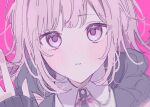  1girl black_shirt blush collared_shirt danganronpa_(series) danganronpa_2:_goodbye_despair flipped_hair hand_up highres long_sleeves messy_hair nanami_chiaki neck_ribbon no_hair_ornament parted_lips pink_background pink_eyes pote_(pote_39) ribbon shirt solo teeth two-tone_shirt white_shirt 