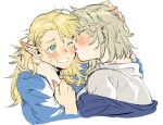  2girls aqua_eyes blonde_hair blue_robe blush commentary_request cropped_torso crying crying_with_eyes_open dungeon_meshi ear_blush elf english_commentary falin_thorden grey_hair grey_shirt hand_on_another&#039;s_head kiss kissing_cheek leichen6194 long_hair marcille_donato mixed-language_commentary multiple_girls one_eye_closed open_mouth pointy_ears robe shirt short_hair simple_background smile tears upper_body white_background yuri 