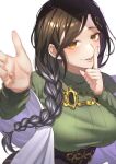  1girl absurdres braid breasts brown_hair finger_to_mouth gradient_hair green_sweater grey_hair hair_between_eyes hair_ornament hair_over_one_eye hand_up highres hoimi_illust index_finger_raised large_breasts long_braid long_hair looking_at_viewer multicolored_hair nijisanji open_mouth orange_eyes reaching reaching_towards_viewer ribbed_sweater shirayuki_tomoe shirayuki_tomoe_(1st_costume) shushing simple_background single_braid smile solo sweater virtual_youtuber white_background 