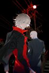  2boys 2wouumubixdzw5g bandage_on_face bandaged_hand bandaged_head bandages blue_eyes dante_(devil_may_cry) devil_may_cry_(series) formal from_behind gilver green_suit highres jewelry male_focus multiple_boys necklace night outdoors red_eyes red_shirt shirt suit upper_body white_hair 