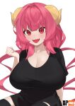  1girl :d arm_support artist_logo artist_name black_shirt black_thighhighs breasts cleavage clenched_hand commentary curled_horns dragon_girl dragon_horns hand_up highres horns huge_breasts ilulu_(maidragon) kobayashi-san_chi_no_maidragon kobi420 light_blush long_hair looking_at_viewer open_mouth pink_hair red_eyes sharp_teeth shirt short_sleeves simple_background sitting slit_pupils smile solo symbol-only_commentary teeth thighhighs very_long_hair white_background yellow_horns 
