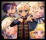  1girl 3boys 5.5 :d ;d aged_down avocado_academy_school_uniform black_border black_jacket blonde_hair blue_eyes blue_hair border brother_and_sister character_name closed_mouth collared_shirt commentary_request epaulettes green_jacket hand_on_own_chest hand_up hands_up happy_birthday highres idol_clothes idol_time_pripara jacket long_sleeves looking_at_viewer male_focus mitaka_asahi multiple_boys multiple_views neck_ribbon one_eye_closed open_mouth outstretched_arm pretty_series pripara purple_eyes reaching reaching_towards_viewer red_hair ribbon school_uniform shirt short_hair siblings smile takase_koyoi upper_body v white_shirt yumekawa_shogo yumekawa_yui 