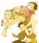  black_hair carry carrying green_hair hat lowres male male_focus monkey_d_luffy multiple_boys one_piece piggyback reindeer roronoa_zoro smile tony_tony_chopper usopp 