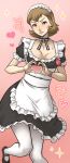  1girl alternate_costume apron black_bow black_bowtie black_dress black_footwear blush bow bowtie breasts brown_eyes brown_hair choker cleavage collarbone dress earrings embarrassed foot_out_of_frame frilled_apron frilled_choker frilled_dress frills gradient_background heart heart_hands highres jewelry knees_together_feet_apart looking_at_viewer maid_apron maid_headdress medium_breasts medium_hair pantyhose parted_lips persona persona_3 pink_background puffy_short_sleeves puffy_sleeves short_sleeves smile solo sparkle stud_earrings tobatoinu toriumi_isako watch white_apron white_bow white_bowtie white_pantyhose wristwatch 