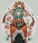  1girl absurdres bug butterfly closed_mouth expressionless flower green_eyes green_hair green_hakama hakama highres hourai_kiriri japanese_clothes kagiyama_hina kimono looking_at_viewer red_flower red_kimono solo touhou white_flower 