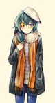  alternate_costume black_hair casual coat eyepatch green_eyes green_hair hat heart heart-shaped_pupils highres kantai_collection kiso_(kantai_collection) maido_mido scarf short_hair solo symbol-shaped_pupils winter_clothes 