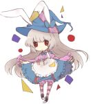  1girl animal_ears animal_hat black_footwear blue_bow blue_bowtie blue_headwear blue_skirt blunt_bangs bow bowtie chibi chuo_(irityuo) circle closed_mouth expressionless hat hat_bow irisu_kyouko irisu_shoukougun! long_hair long_sleeves looking_at_viewer pink_shirt pink_thighhighs puffy_long_sleeves puffy_sleeves rabbit_ears red_eyes shirt sidelocks simple_background skirt solo striped_clothes striped_thighhighs thighhighs triangle very_long_hair white_background white_hair witch_hat 