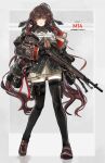  1girl absurdres alternate_color battle_rifle black_gloves black_shirt black_thighhighs brown_hair brown_jacket brown_skirt character_name dog_tags english_commentary full_body girls&#039;_frontline gloves grey_background gun highres holding holding_gun holding_weapon jacket long_hair m14 m14_(girls&#039;_frontline) m14_(mod3)_(girls&#039;_frontline) nslacka off-shoulder_shirt off_shoulder open_clothes open_jacket orange_eyes parted_lips pouch rifle rifle_cartridge sailor_collar scope shirt simple_background skirt smile sniper_rifle thigh_pouch thigh_sheath thighhighs trigger_discipline twintails weapon weapon_name 