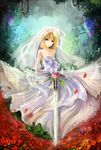  absurdres ahoge artoria_pendragon_(all) blonde_hair blue_eyes bridal_veil bride caliburn dress elbow_gloves fate/stay_night fate_(series) gloves highres planted_sword planted_weapon saber solo summercards sword veil weapon wedding_dress 