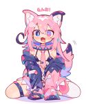  1girl absurdres animal_ears blue_eyes bra dog_ears dog_girl dog_tail fang full_body heterochromia highres looking_at_viewer mismatched_pupils necktie original pink_eyes pink_hair pink_necktie ringed_eyes simple_background skin_fang tail tongue tongue_out uenomigi underwear white_background 