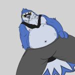 absurd_res arm_on_leg avian belly big_belly bird blue_jay bottomwear bulge cel_shading clothing corvid feathers foreshortening hi_res jay_(bird) looking_down muscular new_world_jay oscine pants passerine shaded tail xcoreus