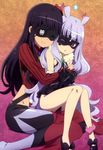  absurdres black_hair eyepatch highres hoshimiya_kate hug hug_from_behind koizumi_hatsue legs long_hair long_legs mask multiple_girls non-web_source nyantype official_art one_eye_closed plamja-sama red_eyes scan sekai_seifuku:_bouryaku_no_zvezda shikabane_itsuka silver_hair smile venera-sama very_long_hair 