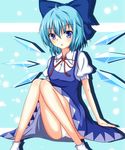  blue_eyes blue_hair bow cirno hair_bow ice ice_wings naba_(take_tonbo) panties pantyshot pantyshot_(sitting) sitting solo touhou underwear white_panties wings 