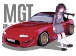  1girl absurdres black_footwear brown_hair car frilled_skirt frills frown grey_jacket grey_skirt heart highres illest_(brand) jacket logo looking_at_viewer mazda mazda_mx-5 mazda_mx-5_na motor_vehicle mugi_(marineblue134) multicolored_hair original personification pleated_skirt red_hair shadow shoes simple_background skirt socks solo spoiler_(automobile) sports_car stance_(vehicle) streaked_hair two_side_up vehicle_and_personification vehicle_focus white_background white_socks 