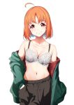  ahoge amagi_(volfuji) armpit_crease bare_shoulders black_pants bow bra breasts cleavage green_jacket grey_bra hand_in_pocket highres jacket looking_at_viewer love_live! love_live!_sunshine!! medium_breasts navel open_clothes open_jacket orange_hair pants parted_bangs partially_undressed plaid red_eyes short_hair smile sweatpants takami_chika underwear white_background 
