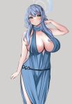  1girl :o ako_(blue_archive) ako_(dress)_(blue_archive) arm_up bare_shoulders blue_archive blue_dress blue_eyes blue_hair blush breasts clenched_teeth commentary covered_nipples cowboy_shot cuffs dress evening_gown grey_background halo highres hip_vent large_breasts long_hair looking_at_viewer official_alternate_costume shackles simple_background skindentation solo sweat teeth tf_cafe 