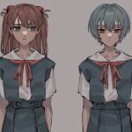  2girls ayanami_rei bad_id bad_twitter_id blue_eyes clenched_hands closed_mouth commentary_request grey_background hair_between_eyes hair_ornament hair_ribbon highres interface_headset long_hair looking_at_another looking_down multiple_girls neck_ribbon neon_genesis_evangelion orange_hair red_eyes red_ribbon ribbon school_uniform short_hair short_sleeves simple_background skirt souryuu_asuka_langley ulov390 