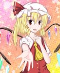  blonde_hair bow flandre_scarlet hat hat_bow highres naba_(take_tonbo) outstretched_hand red_eyes solo star touhou wings 